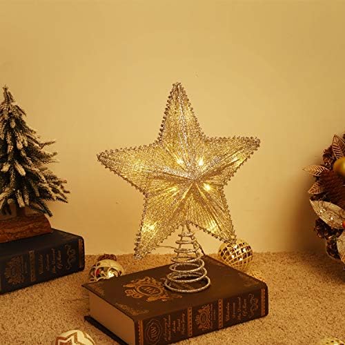 Topper de árvore de estrela de Natal de Lewondr, estrela da árvore alimentada por bateria com luzes e lantejoulas, tampo da árvore de Natal iluminada para férias em casa Decoração de Natal de Natal, ouro