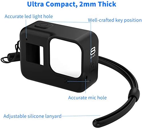 Larrits Protetive Silicone Sleeve Case + cordão de silicone + tela de vidro e protetor de lentes para o GoPro Hero 8 Black
