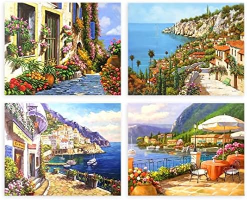 Boshun 4 Pack Paint by Numbers Kits com pincéis e pigmentos acrílicos pintura de lona diy para adultos iniciantes- o Mediterrâneo