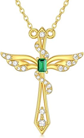 Rikelus 14k colar cruzado de ouro para mulheres, o soldado anjo de ouro asas cruzadas com pingente de esmeralda criada, presente do
