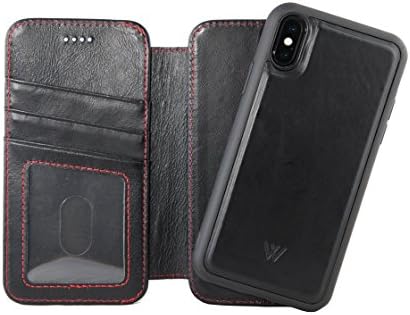 Wilken iPhone X | Caixa de telefone magnético destacável de couro XS | Couro de grão de grão superior | Wilken iPhone X | Caixa da carteira magnética XS | Recurso do Kickstand | Preto e vermelho