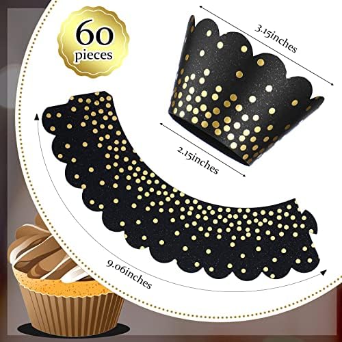 Invólucros de cupcakes pretos de zhehao 60 pcs de bolinhas ajustáveis ​​revestimentos de cupcake de cupcakes preto e dourado