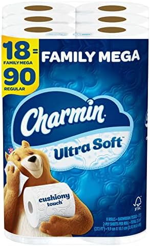 Charmin Ultra Soft Cushiony Touch Papel, 18 mega rolos familiares = 90 rolos regulares