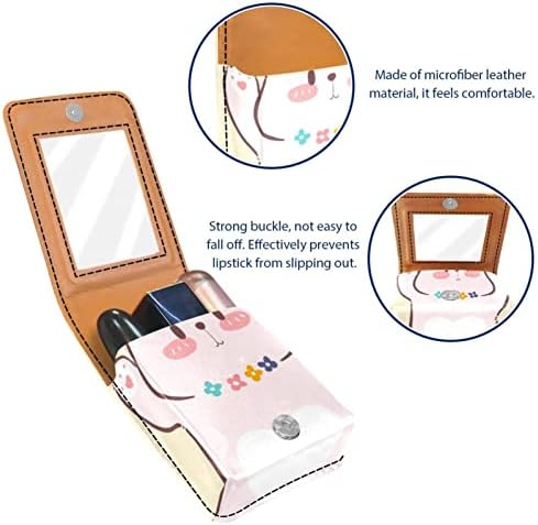 Oryuekan Mini Makeup Saco com espelho, bolsa de embreagem Caixa de batom de Leatherette, Cartoon Animal Rabbit Pink
