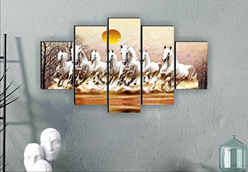 1artOfcreation SAF Conjunto de 5 sete cavalos de corrida Vastu Art Modern Home Decorativa Pintura de parede 30 polegadas x 18 polegadas PNLS32219