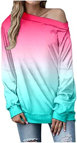 Camisetas para mulheres de manga longa TIY Dye Rainbow Gradient Tee Tops Casual Crew pescoço fofo ombre ombre blusa de pulôver