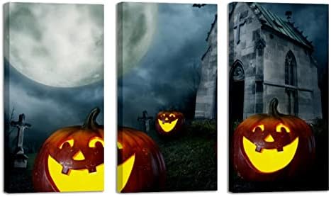 Arte da parede para sala de estar, Halloween Pumpkins Cemetery Chapel emoldurado por pintura a óleo decorativa Conjunto