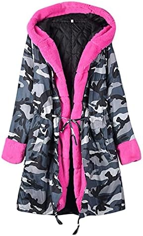 Topunder Winter Casacos para mulheres jaqueta de lã com capuz de camuflagem com zíper de zíper de mangas compridas cor sólida