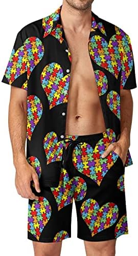 Consciência do autismo Heart Men's 2 Peia Roupfits Button Hawaiian Down Down Sleeve Camisa e ternos de shorts