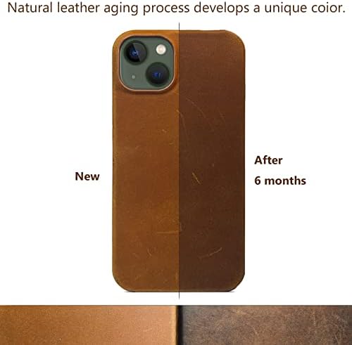 ND Compatível para iPhone 13 Cowhide Case, genuíno caixa de couro de cera vintage de cera vintage, artesanal totalmente ， com [revestimento de microfibra anti-arranhão macio] 6,1 polegadas