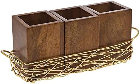 Godinger Wooden Three Cutlery Caddy Organizer, Nest Collection - Gold