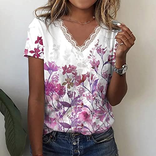 Camisetas estampadas florais de verão para mulheres v lacas de crochê de pescoço blusa de manga curta