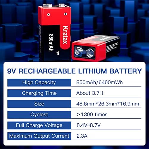 Baterias recarregáveis ​​de 9V Kratax 850mAh de alta capacidade 9volt 6f22 Bateria de íons de lítio, 8,7V, 1000 ciclos, para alarmes