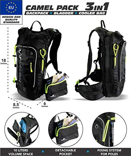 FreeMove Hydration Pack Mackpack - A água permanece fria 5 horas com bexiga de hidratação 2L e bolsa mais fria isolada, 10L Capacidade geral de armazenamento | Uma ótima mochila de camelo para caminhadas, corrida, ciclismo, MTB