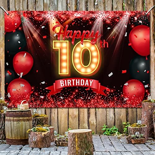 Feliz banner de 10º aniversário de 10º aniversário Red e Black 10 anos de fundo decorações de aniversário para meninos Fotografia FESTIPES GLITTERS GLITTER GLITTER