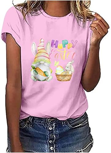 Feliz Camisas da Páscoa para mulheres Gnome ovos de gnome coelho Bunny T-shirt pescoço redondo de manga curta Tops