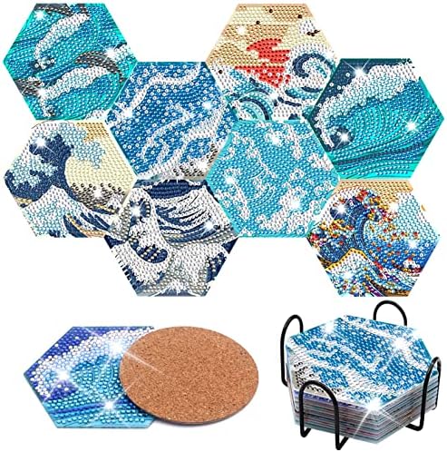 8pcs Diamond Painting Coaster com suporte, Ocean Diamond Painting Art Coasters Kit, Coasters de bebidas DIY com Cork Base