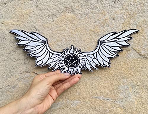 Angel Wings bordados remendos de ferro em costura para mochilas, jaquetas, coletes, símbolo anti-possession sobrenatural Sigil Pentagram Belge emblema