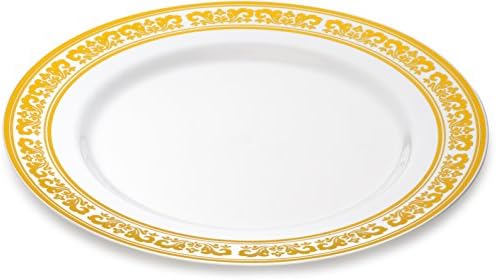[60 contagem - placas de 10 polegadas] Laura Stein Designer Tableware Placas brancas de plástico pesado premium Placas de jantar com borda dourada, festa e placa de casamento, série de sertte, pratos descartáveis