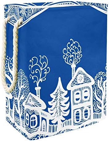 Inomer azul desenhado à mão Vila de inverno 300d Oxford PVC Roupas à prova d'água cesto de roupa grande para cobertores Toys de