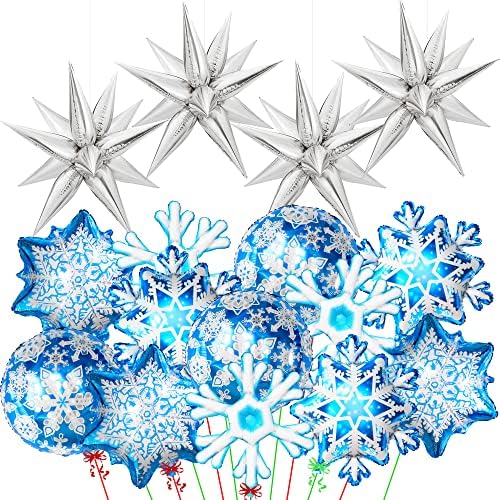 Conjunto de balões de floco de neve enorme, tema de inverno - pacote de 62 | Balões de cone de estrela prateada para decorações de Natal | Balão de Silver Starburst com balões Mylar Snowflakes para Decorações de Inverno do Tema Snow