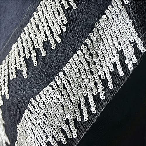 Jydqm Silver Tassel Tassel Black Mesh Lace Fabric V Gollar Bordeded Apliques de costura para decoração de casamento