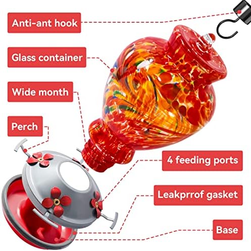 Alimentadores de beija -flor, 32 onças de alimentador de beija -flor soprado à mão com um padrão espiral atraente para penduramento