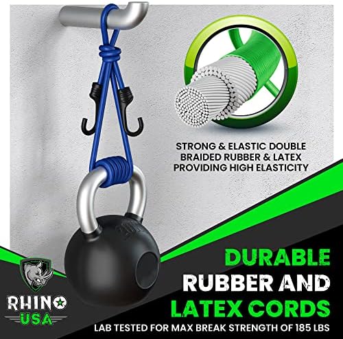 Rhino USA Bungee Cords com ganchos - variedade de 28pc de serviço pesado com 4 clipes de lona grátis, sacola organizadora de cordão, laços de dossel e bungees de bola