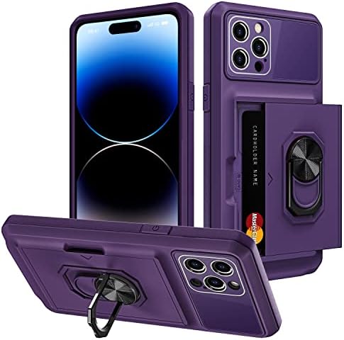 Vofolen para iPhone 14 Pro Max Case Carteira do cartão de crédito Id Id Slot Slot Porta deslizante bolso oculto com 360 ° Girão de chutes 3 em 1 Caixa de telefone robusta híbrida para iPhone 14 Pro Max 6,7 polegadas roxo