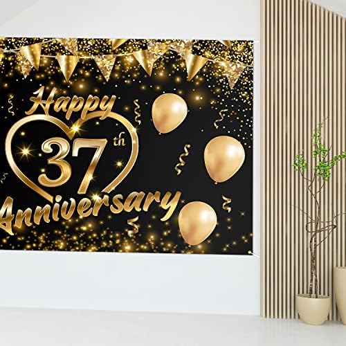 Feliz 37º aniversário da decoração de banner de Banner Black Gold - Glitter Love Heart Happy 37 anos Aniversário de casamento