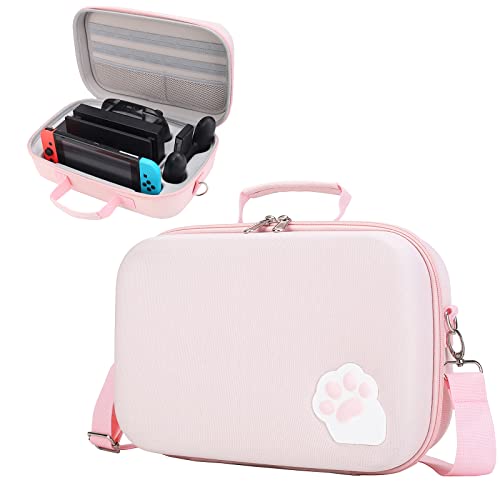 Caixa de pata de gato rosa Compatível com Nintendo Switch/OLED Modelo Portátil Compacto Viagem de casca dura Transporte de