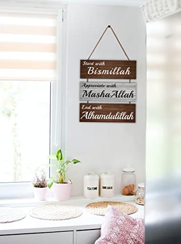 Citação de arte da parede de madeira islâmica de dazingart - comece com bismillah, aprecie com mashaallah, termine com alhamdulillah, caligrafia árabe rústica decoração de parede de madeira, decoração de decoração muçulmana sinal de cozinha, sinal de cozinha