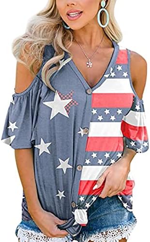 Camisetas impressas da bandeira americana para mulheres blusas de manga de ombro frio, camisas macias e camisetas de pescoço, botão para baixo