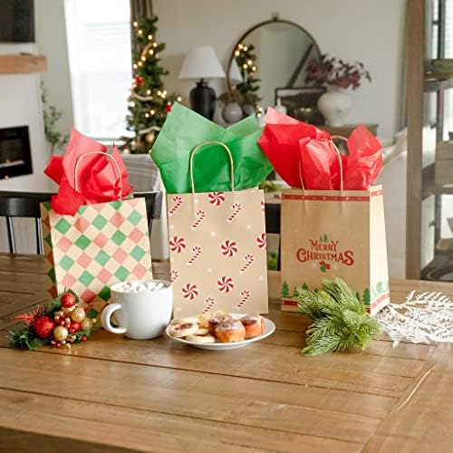 Haus Decor Studio Conjunto de 24 sacolas festivas de presente de Natal - sacos de kraft com alças e 24 folhas de