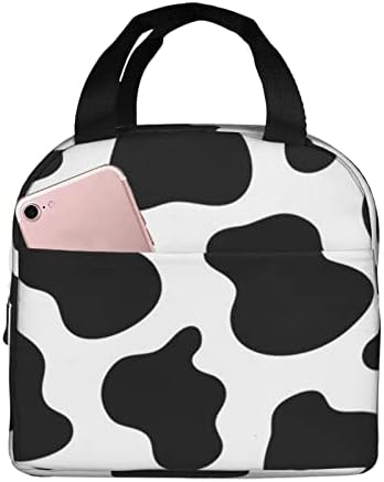 Lunch saco reutilizável caixa de bolsa isolada Bolsa térmica Recipiente de alimentos para escritório de trabalho Piquenique para viagens ao ar livre - Impressão de pele de vaca preta e branca