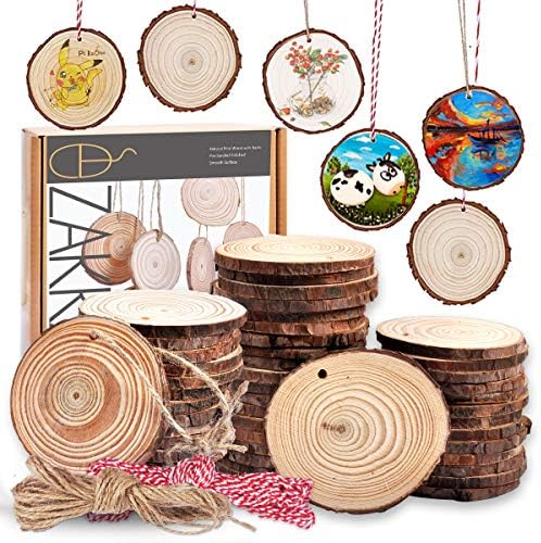 Ezakka Natural Wood Fatias 40 PCs 2,4 -2,8 Círculos de madeira inacabados Círculos redondos Ornamento de Natal com barbante de juta para artes, artesanato, casamentos