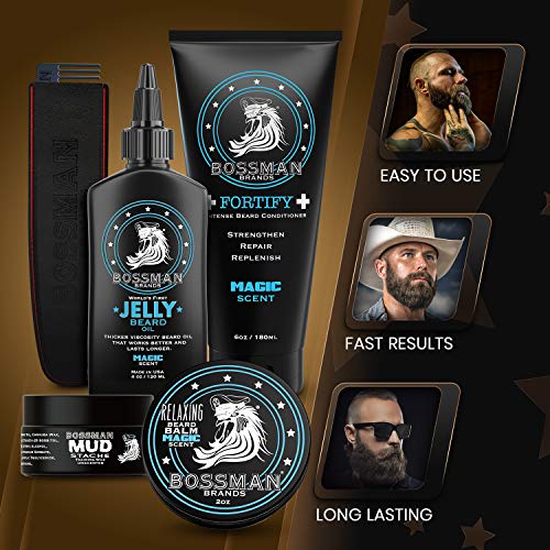 Bossman Complete Beard Kit - geléia de óleo de barba masculina, condicionador de chuveiro fortifico, bálsamo, cera de bigode