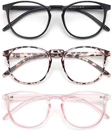 IBOANN 3 Pacote de óculos de bloqueio de luz azul Mulheres/homens, moldura retro redonda, óculos falsos vintage com lente transparente