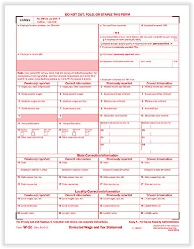 Cumprir os formulários fiscais W-2C, cópia federal A | 8-1/2 ”x 11” | Relatórios tributários | 50 pacote