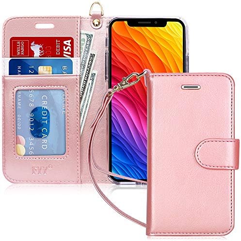 FYY para iPhone X Case/iPhone XS Case/iPhone 10, capa de carteira de couro de couro com porta -pulso Strap Kickstand Protective para iPhone X/10 2017/iPhone XS 2018 5.8 Rose Gold
