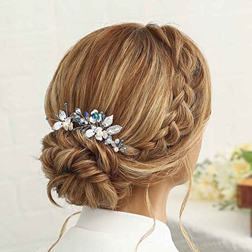 Casdre Blue Rhinestone Hair Pins Silver Flower Bridal Hair Pedaços Pearl Bride Wedding Acessórios para mulheres e meninas