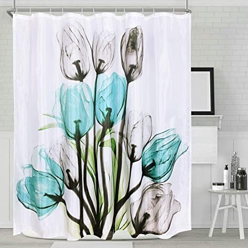 Alishomtll Tulip Flower Chuser Creatins for Banheiro, cortina de chuveiro floral azul com 12 ganchos, arte durável de barra de