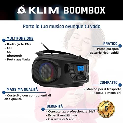 Klim Boombox System de áudio portátil FM CD player Bluetooth e Nomad CD player portátil Walkman com pacote de bateria duradoura