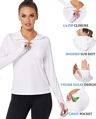Coorun feminino upf 50+ camisas de caminhada de manga comprida 1/4 zip capuz Sun Protection camisa ao ar livre com bolso do peito