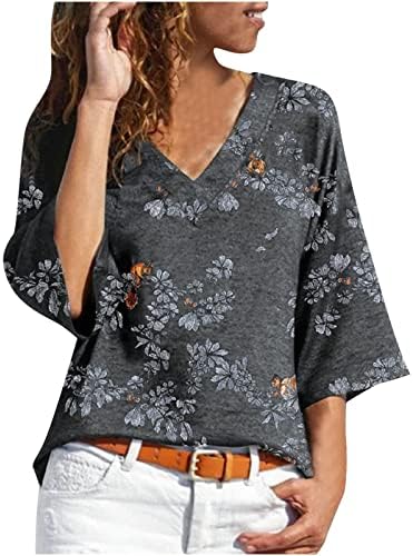 Teen Girl T camisetas 3/4 BELL SLUVE TOPS TSHIRT Deep V Neck Spandex Floral Relaxed Fit Sexy Medieval T Shirts ZD