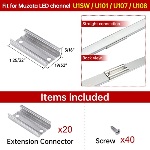 Conectores de extensão Muzata 20pack para U1SW U101 U102 U103 Canal LED em forma de U e 6pack de 3,3 pés/1m U101 Efeito de iluminação impotente canal LED com tampa fluorescente fosca fluorescente