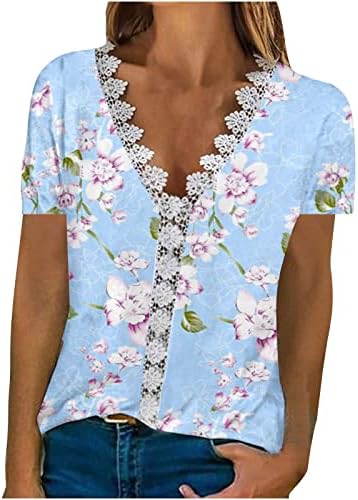Girls V Neck Lace Cotton Floral Graphic Fit Fit Relaxed Fit Brunch Top Tee para Womens Fall Summer 2C 2C