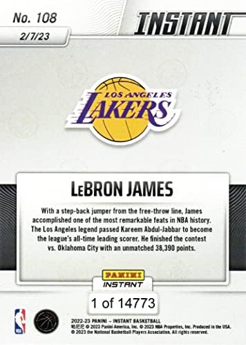 2022-23 Panini Instant 108 LeBron James Basketball Card Lakers-Altíssimo NBA Scorer