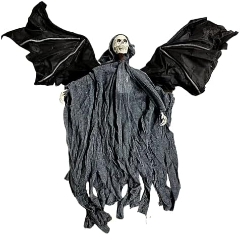 SUNSTAR INDUSTRIES Grim Reaper pendurando decoração de Halloween, esqueleto ativado por movimento com asas em movimento e olhos iluminados, faz som, decoração de fantasma ambulante/externa assustadora, 40 x 44 polegadas, cinza
