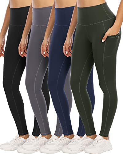 Leggings YoungCharm 4 Pack com bolsos para mulheres, calças de ioga de controle de barriga de cintura alta